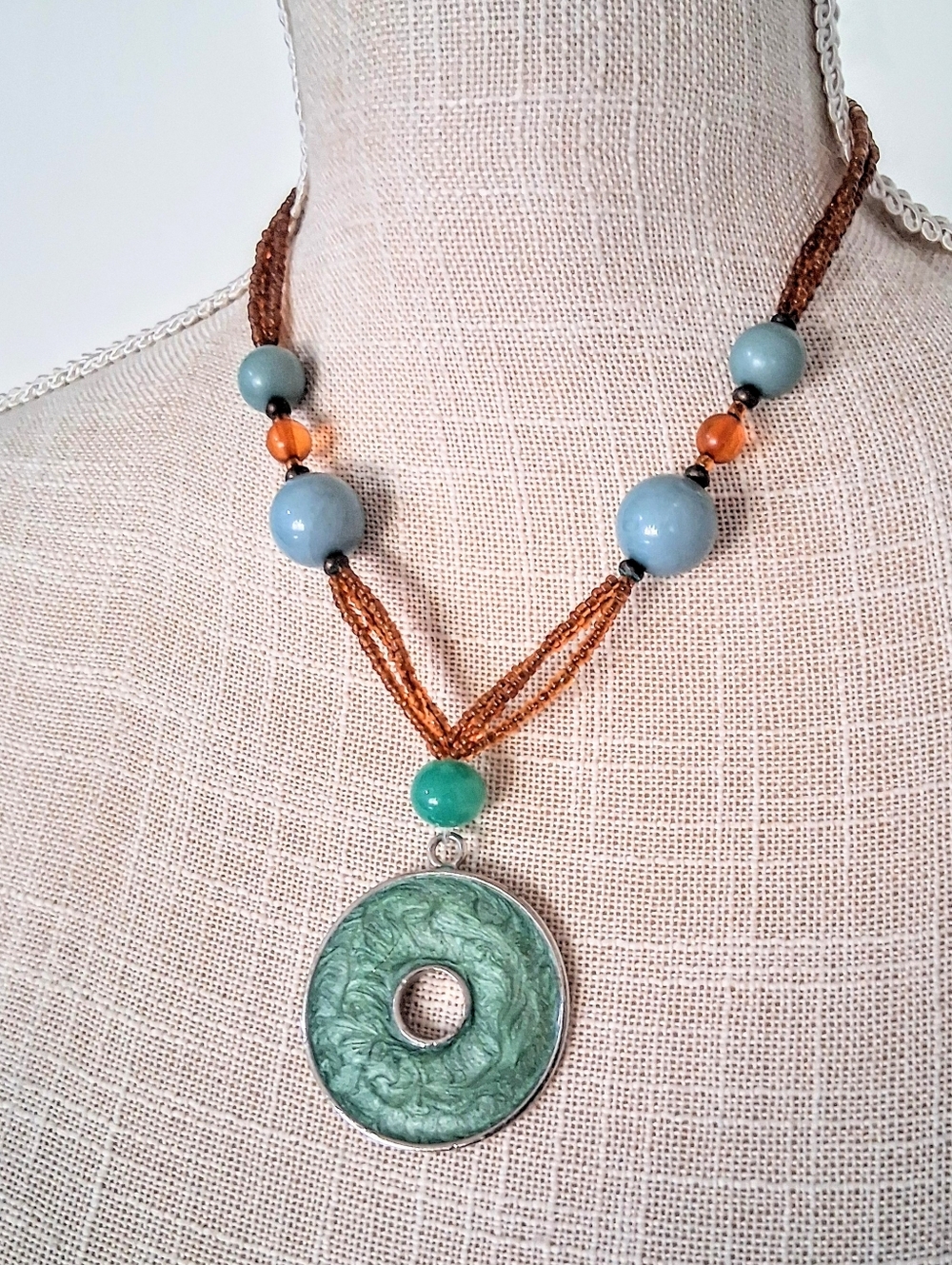 BEAUTIFUL Artisan Necklace - "O" Medallion Enamel Swirled - Jade Ball, Glass